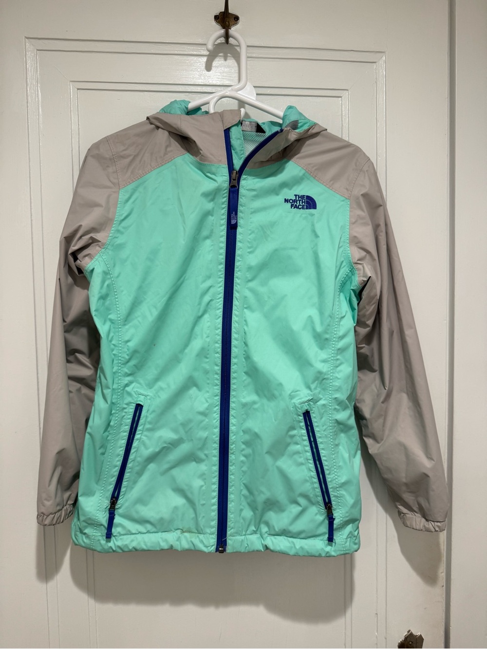 The North Face Mint Green and Gray Kids Hooded Rain Jacket